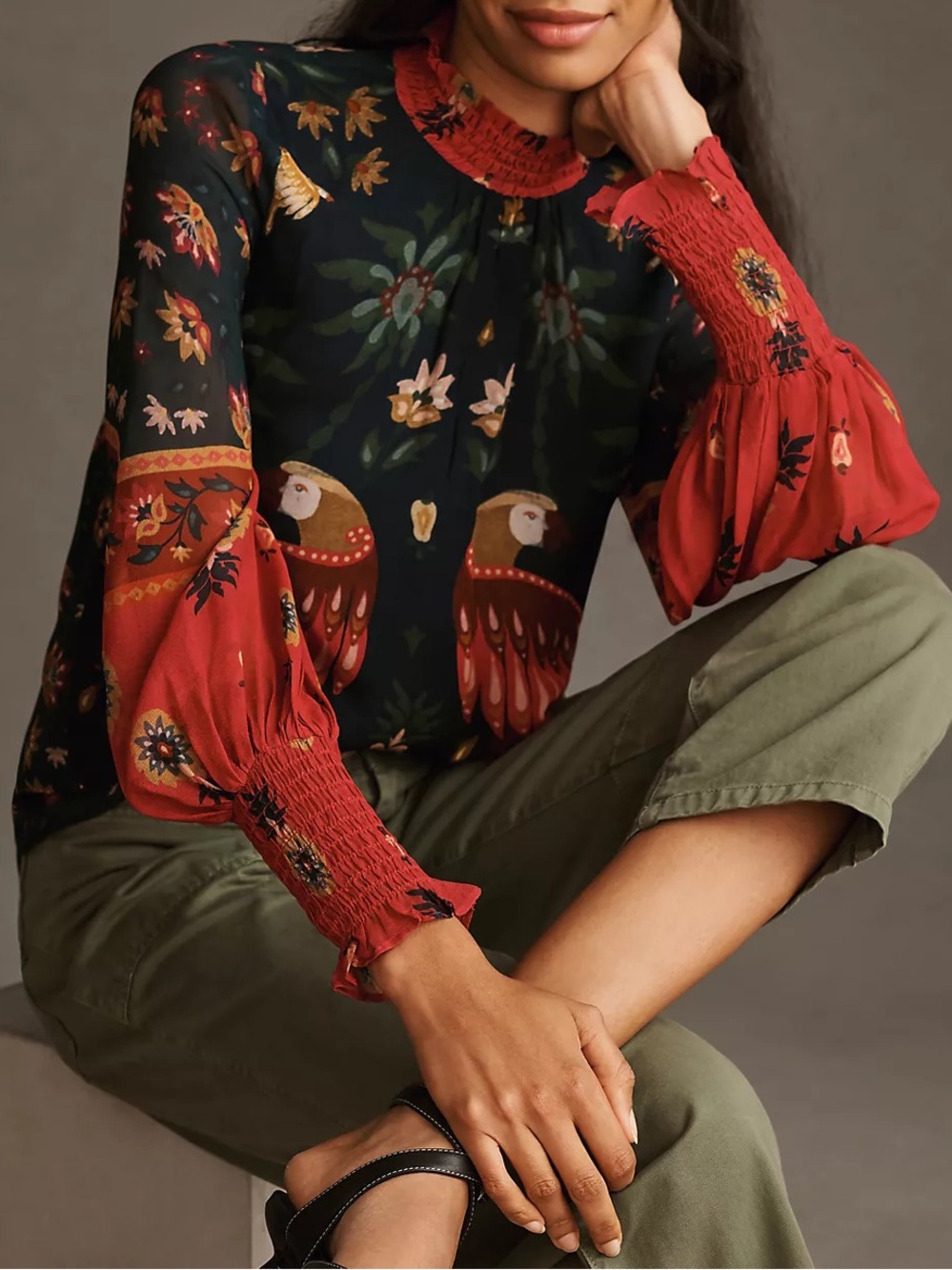 Farm Rio x Anthropologie long sleeve smocked blouse XS floral birds tropical - Picture 10 of 11